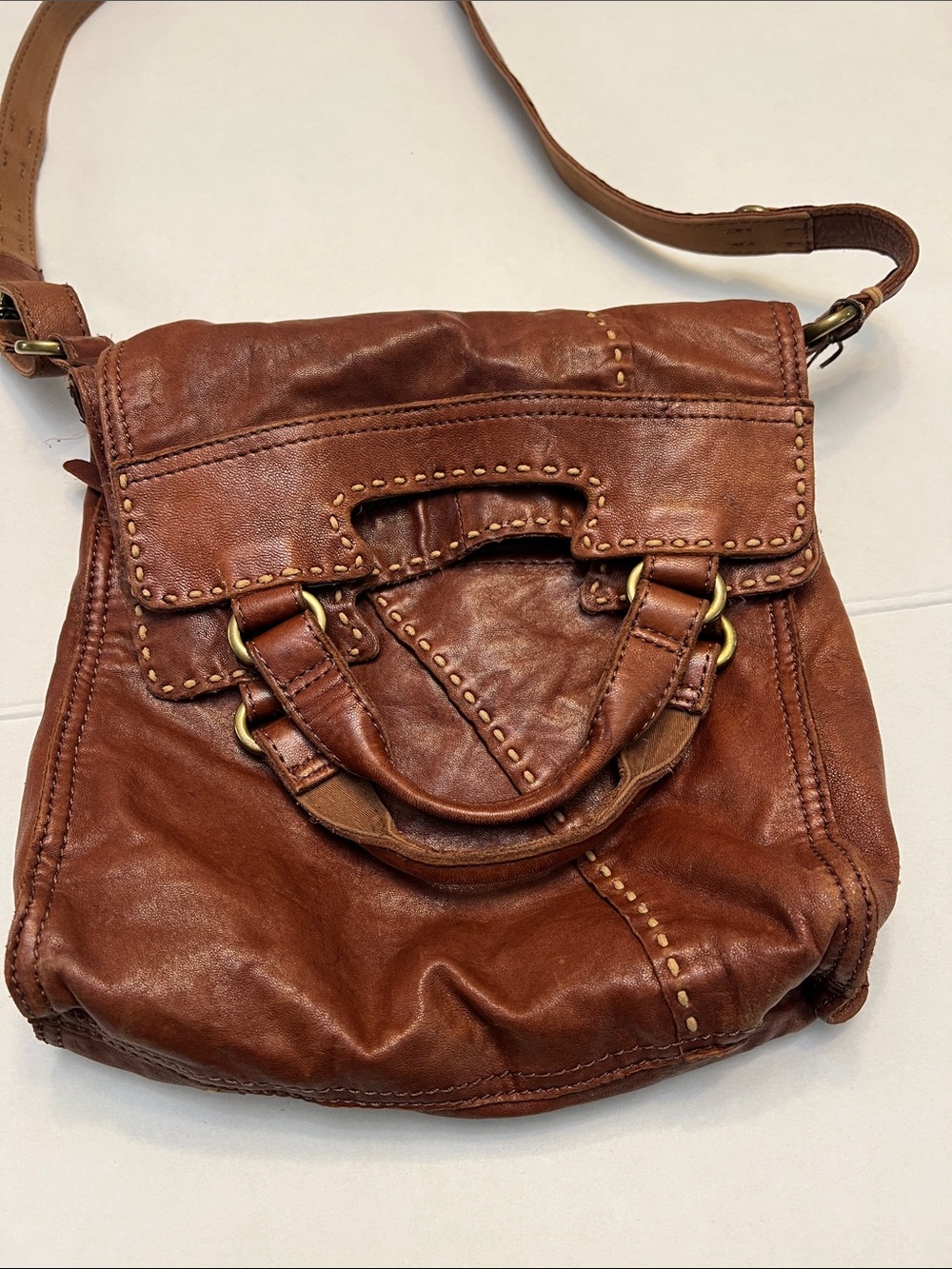 VINTAGE LUCKY BRAND ABBEY ROAD BROWN LAMB LEATHER FOLD-OVER CROSSBODY BAG - Picture 5 of 16